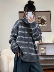 Lunivop Lazy Wind Vintage Striped Cardigan Women Casual Preppy Style Loose Knitted Sweaters Japan Retro Stand Up Collar Long Sleeve Tops