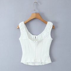Lunivop Summer Elastic Bow O collar Tank Top Slim Corset Women White Embroidery Flower Spliced Rib Waist Back Zipper Slim Crop Vest