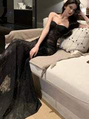 Lunivop Sexy Slim See-through Strapless Lace Dresses Summer Three Dimensional Flowers Trailing Long Dress Backless Evening Vestido