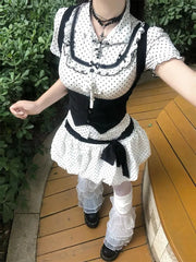 Lunivop Kawaii Sweet Suit Hot Girls Polka Dot Top Black Belt Casual Bud Mini Skirt Sweet Cool Set Woman