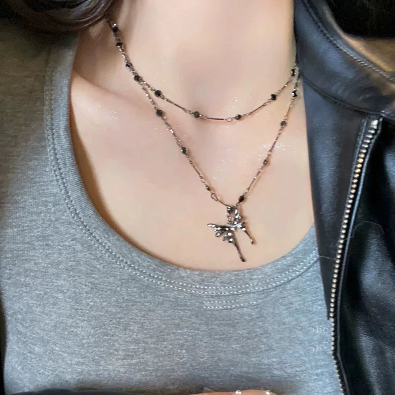 Lunivop Cool Lava Butterfly Pendant Necklace for Women Goth Double Layers Stacking Crystal Choker Y2K Jewelry Summer Accessories