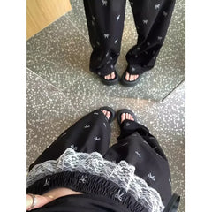 Lunivop Streetwear Bow Print Casual Straight Pants Women Summer New Korean High Waist Lace Up Contrast Color Patchwork Casual Pants