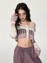 Lunivop Streetwear Hollow Out Cardigan Women Vintage Y2K Sexy Cropped Knitted Sweaters Fall Long Sleeve Loose Halter Striped Tops