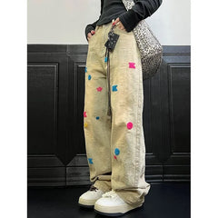 Lunivop Blue High Waist Women Jeans Feeling Vintage Straight Casual Baggy Streetwear Y2K Ripped Wide Leg Female Trouser Denim Pants