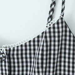 Lunivop Sexy Gingham Plaid Spliced Lace O neck Mini Sling Dress Women Open Through Buttons Low Waist Swing A line one-piece Dresses