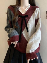 Lunivop Sweet Bow Argyle Sweaters Women Retro Preppy Style Loose Knitted Pullover Lace Patchwork Long Sleeve Female Vintage Jumpers Fall