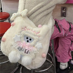 Lunivop Sweet Cute White Y2k Messenger Bag Women Harajuku Aesthetic Bear Plush Shoulder Bags Ladies Hot Girls Crossbody Handbag