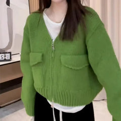 Lunivop Women's Zip Up Knit Cardigan with Pocket V-neck Zipper Front Crop Sweater Jacket Female Teen-girl Autumn Winter Y2K Outfit