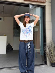 Lunivop Woman T Shirts O Neck Short Sleeve Slim Stretch Short Sleeve Flowers Printed Y2k Tops Vintage Fashion Tshirt Casual