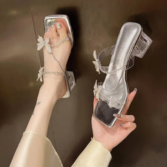 Lunivop Woman Summer Sandals New PVC Crystal Bowknot Decoration Chunky Heel Peep Toe Sandal Female Fashion Chain Pumps Ladies Shoes