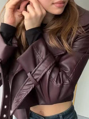 Lunivop Casual PU Leather Cropped Short Jackets Women Chic Solid Turn-down Collar Jacket Female Autumn Loose Moto-biker Streetwear Tops