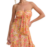 Lunivop Ruched Chest Floral Print Strapless Mini Chiffon Dress Women Ruffles Hem Elastic Bandage Backless Holiday Dresses Robe