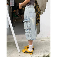 Lunivop Women Short Jeans Blue American Vintage Y2K Straight Streetwear Wide Leg Pants High Waist Female Summer Knee Length Denim Shorts