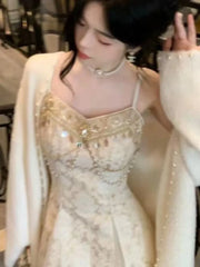 Lunivop Luxury Champagne Shing Long Dresses Elegant V-Neck Waistband Vestidos De Festa Dress Summer Holiday A-line Vestidos New