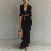 Women's Fashion Solid Holiday Party Dress Elegant Lapel Button Draped Long Dress Casual Long Sleeve Match With Belt Shirt Dress