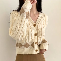 Lunivop Argyle Cable Knit Cardigan Sweater for Women Teen-girl Cozy Knitted Button Up Boxy Fit Sweater Preppy Chic Outfit