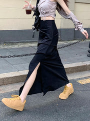 Lunivop Streetwear Retro Cargo Long Skirts Women High Waist Casual Y2K Slit Skirt American Harajuku Vintage Design Lady Slim Skirts