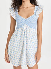 Lunivop Sexy White Blue Flower Print Ruffle Strap Mini Dress V neck Ruched Elastic Chest Corset Sleeveless Short Tank Robe Holiday Woman