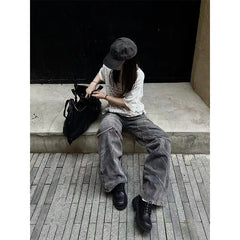 Lunivop Women Autumn Grey Baggy Jeans Vintage Cowboy Pants Harajuku Aesthetic Streetwear Denim Trousers Y2k 2000s Style Clothes 2024 New