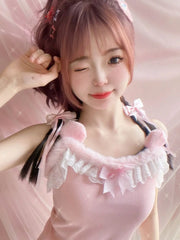 Lunivop Pink Crop Top Women Summer Y2k Tops Lace Bows Decoration Cute Camis for Sweet Girls Lolita Style Kawaii Clothes