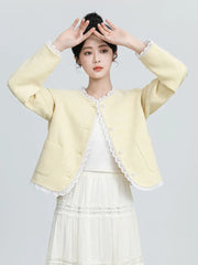 Lunivop Sweet Yellow Tweed Jackets Women Vintage Lace Patchwork Elegant Short Coat French Retro Casual O Neck Long Sleeve Fall Outwear