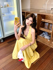Lunivop Elegant Sweet V-neck Long Dress Women Butter Yellow Casual Sexy Beach Midi Dresses Korean Style Lace Up Dress Backless