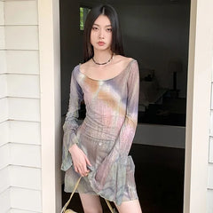 Lunivop Tie-dye Pink Print O-nreck T-shirt for Women Mesh Long Sleeve Slim Fit Tops Mujer 2025 Summer New Bottoming Tee Shirt