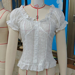 Lunivop Women Vintage Babydoll Milkmaid Blouse Floral Embroidery Eyelet Top Button Down Frilly Trim T-shirt Y2k Cottage Puff Sleeve Tee