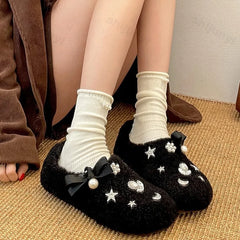 Lunivop Elegant Pearl Women Shoes Korean Fashion Plush Warm Women's Closed Toe Flats Comfortable Versatile Non-slip Casual Shoes