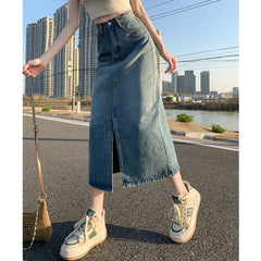 Lunivop Summer Women High-waist Retro A- line Skirt Pockets Front Slit Washed Blue Denim Skirts Hip-covering Straight Long Jeans Skirt