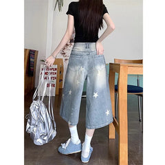 Lunivop Women's New Baggy Calf Length Jeans Vintage Hole Star Printed Wide Leg Denim Pants Ladies Fashion High Waisted Cropped Trousers