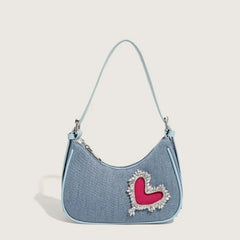 Lunivop Retro Denim Y2k Bags Purse Women Harajukuu Heart Rhinestone Zipper Casual Shoulder Bags Ladies Vintage Trendy Handbag