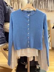 Lunivop Gray Pockets Knitted Sweater Cardigan Women Autumn Cotton Round Neck Long Sleeve Sweaters Sweet Preppy Style Knitwear Y2K Tops