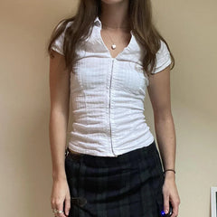 Lunivop Women Zipper Shirts Elegant Fashion Summer Turn Down Collar Short Sleeve Solid Casual Crop Tops y2k White Slim Blouse