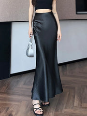 Lunivop Chic Satin Elegant Long Skirt Women Casual Fashion High Waist Sweet Trumpet Skirts Slim Summer Female Korean Long Skirts