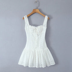 Lunivop Sexy White Emboridery Flower Bow Ruched Chest Elastic Strap Mini Tank Dress Low Waist Spliced Folded Swing Women Sleeveless Robe