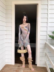 Lunivop Tie-dye Pink Print O-nreck T-shirt for Women Mesh Long Sleeve Slim Fit Tops Mujer 2025 Summer New Bottoming Tee Shirt