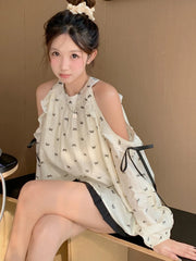 Lunivop Sweet Off Shoulder Shirt Women Long Sleeve Bow Print Loose Blouse Korean Fashion Hollow Out Elegant Female Chic Spring Tops