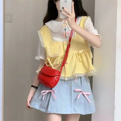 Lunivop Summer Academy Style Solid Color Doll Neck Top Short Sleeved Tank Top Vest Vest High Waist Solid Color Bow Women's Short Skirt