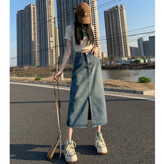 Lunivop Summer Women High-waist Retro A- line Skirt Pockets Front Slit Washed Blue Denim Skirts Hip-covering Straight Long Jeans Skirt