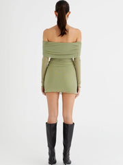 Lunivop Sexy Off Shoulder Bandage Women Dress Green Long Sleeve High Waist Ruched Dress Femme Summer Slim Elegant Party Clubwear