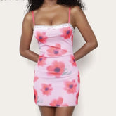 Lunivop Sexy Spliced Lace Slash neck Tie-dye Flower Mesh Sling Dress Women Skinny Slim Waist Package Hips Backless Robe Vestidos