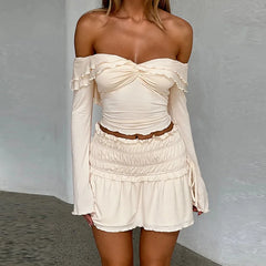 Lunivop Off The Shoulder Long Sleeve Crop Top Elegant Ruffles Short Skirt 2 Piece Set Fashion Y2K Streetwear Casual Clothing