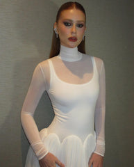 Lunivop Elegant Tulle Long Wedding Dresses High Collar Draped Simlpe Prom Dresses Formal Full Sleeves Illusion Bridal Gowns Customized