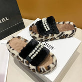 Lunivop Leopard Casual Fluffy Slippers Women Home Flat Fashion Pearl Designer Shoe Ladies Winter Elegant Footwear Open Toe Slippers