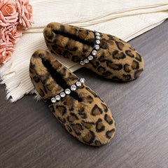 Lunivop Fashion Leopard Fur Ballet Flats Woman Designer Rhinestone Buckle Strap Mary Jane Shoes Ladies Winter Warm Plush Shallow Loafers