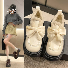 Lunivop Winter British Style Fashion Bowknot Small Leather Shoes for Women 2025 New Retro Plush Warm Cotton Shoes Women Mary Jane Shoes