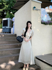 Lunivop Woman Dress Polka Dot Puff Short Sleeve Ruffles Bandage V Neck Temperament Sweet Dresses Elegant Female Fashion