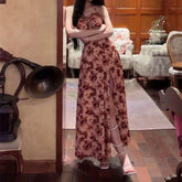 Lunivop Sexy Rose Print Maxi Dress Hanging Neck Design Women's Flavour High Slit Gown Inner Pad Design A-Line Skirt Polyester Fiber