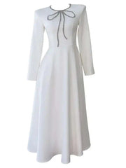 Lunivop Fashion Elegant Formal Dresses For Women Spliced Diamonds O Neck Long Sleeve High Waist Dress New Clothing